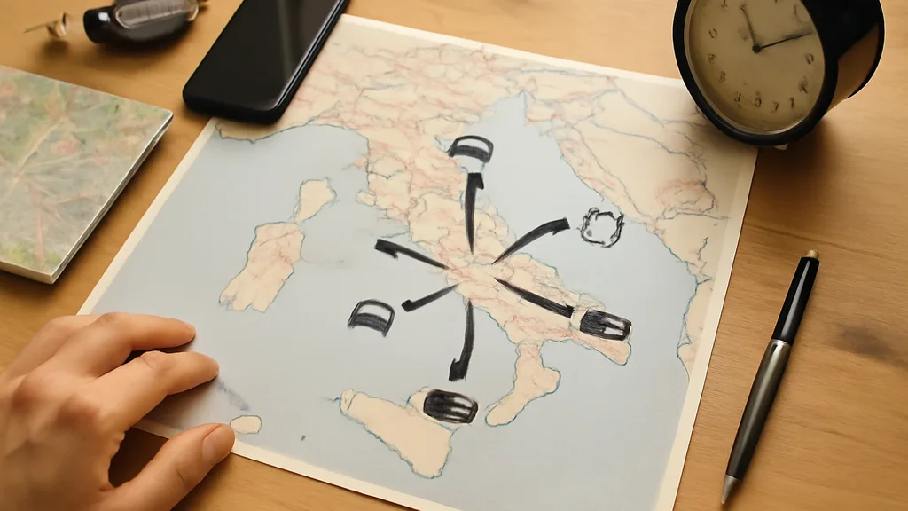 Valigia compatta, mappa urbana e orologio su un tavolo da viaggio, nessun marchio o testo leggibile.