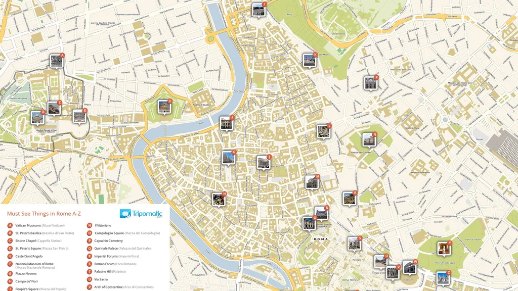 Mappa turistica del centro di Roma con strade, Tevere e principali punti di interesse