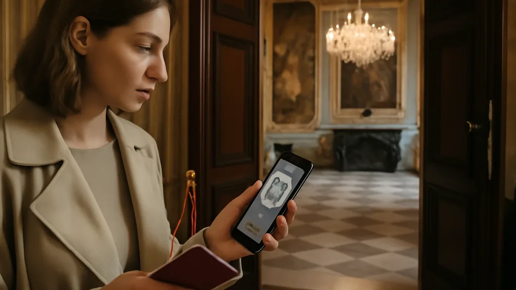 Telefono in mano davanti all'ingresso di un museo a Roma