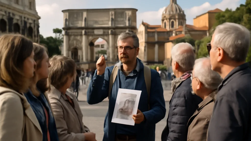 Itinerario romano di mezza giornata con una chiesa, una strada commerciale e una pausa al bar rappresentati in una stessa micro-zona, mappa su smartphone senza testo leggibile, fotografia di viaggio realistica.
