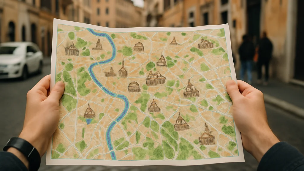 Mappa turistica illustrata del centro di Roma con strade e principali punti di interesse